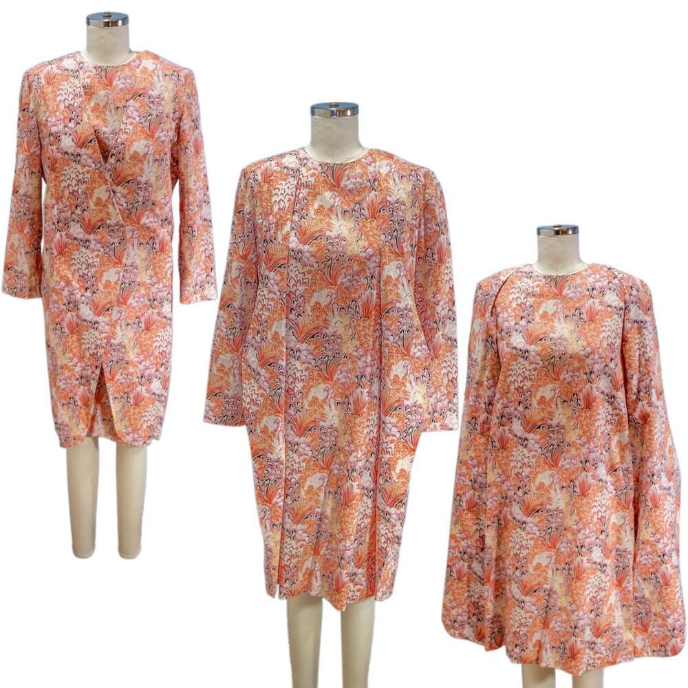 Home Sewn Feather Print Cocktail Dress w Attached Jacket - Size Med - Pre-owned
